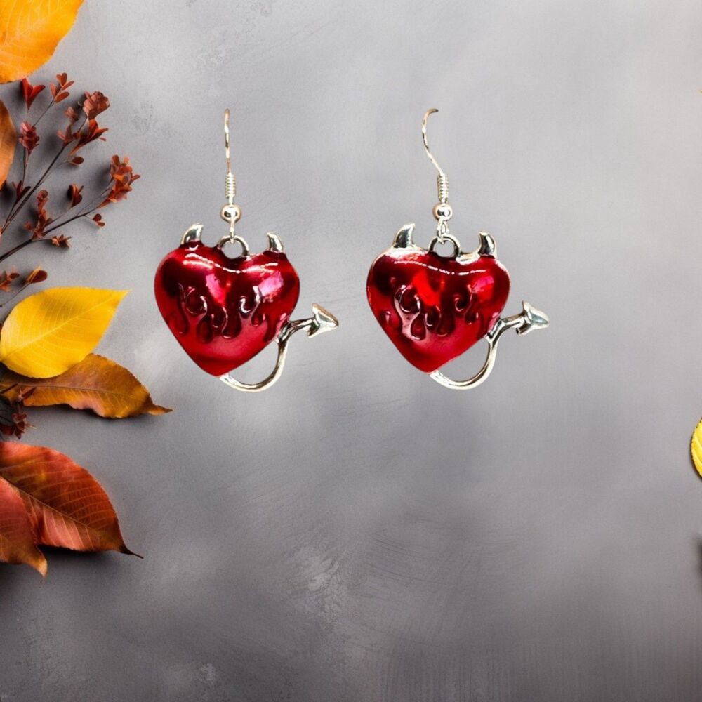 Halloween Red and Silver Heart .925 Silver Earrings #2030